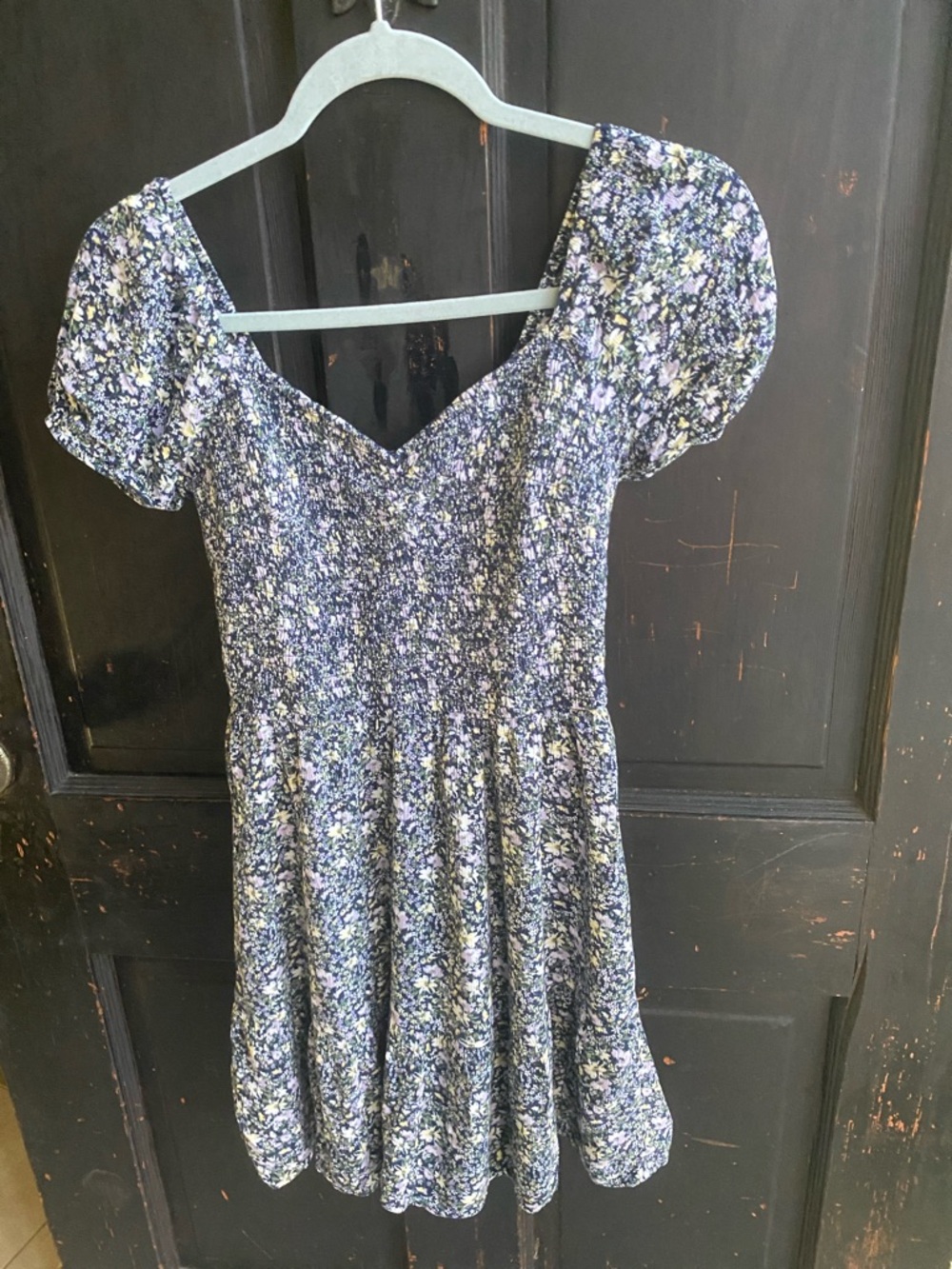 Hollister Navy Floral Puff-Sleeve Smocked Dress